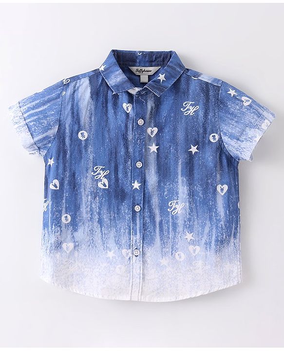 ToffyHouse  Half Sleeves Printed Shirt & Shorts Set With Bow & Suspender - Blue & Peach