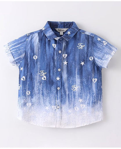 ToffyHouse  Half Sleeves Printed Shirt & Shorts Set With Bow & Suspender - Blue & Peach