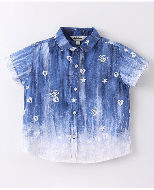ToffyHouse  Half Sleeves Printed Shirt & Shorts Set With Bow & Suspender - Blue & Peach