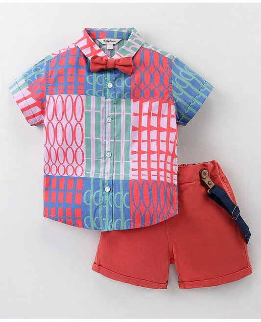 ToffyHouse  Half Sleeves Shirt & Shorts Set With Suspender & Bow - Multicolor