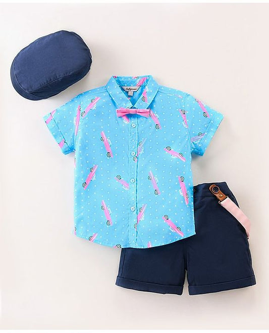 ToffyHouse Half Sleeves Cars Printed Shirt & Shorts with Suspenders & Cap - Navy Blue