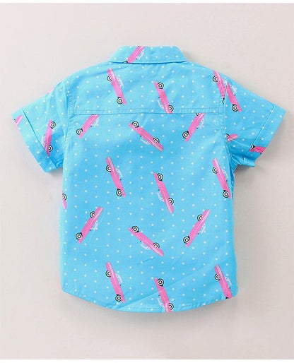 ToffyHouse Half Sleeves Cars Printed Shirt & Shorts with Suspenders & Cap - Navy Blue