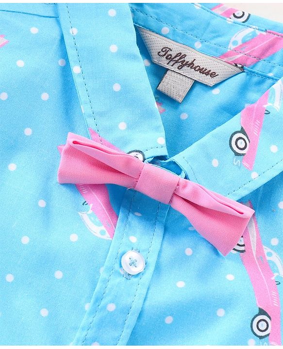 ToffyHouse Half Sleeves Cars Printed Shirt & Shorts with Suspenders & Cap - Navy Blue