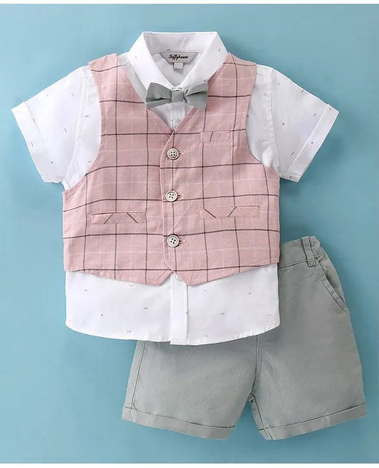 ToffyHouse Cotton Woven Half Sleeves Shirt & Shorts Set with Checkered Waistcoat & Bow - Pink & Grey