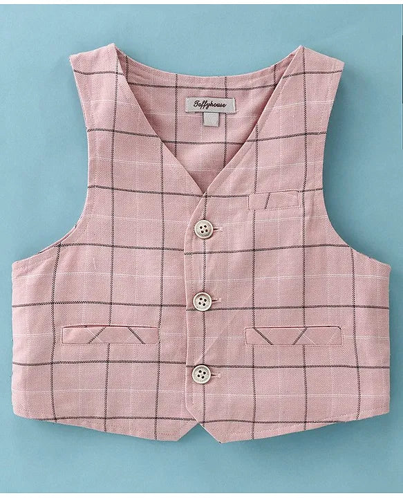 ToffyHouse Cotton Woven Half Sleeves Shirt & Shorts Set with Checkered Waistcoat & Bow - Pink & Grey