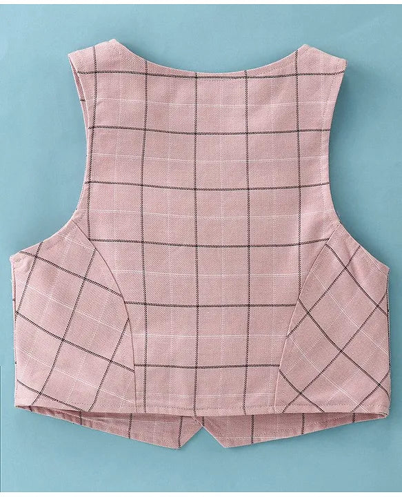 ToffyHouse Cotton Woven Half Sleeves Shirt & Shorts Set with Checkered Waistcoat & Bow - Pink & Grey