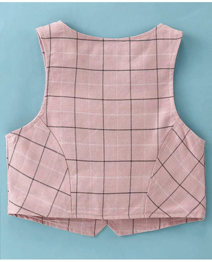 ToffyHouse Cotton Woven Half Sleeves Shirt & Shorts Set with Checkered Waistcoat & Bow - Pink & Grey