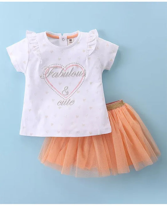 ToffyHouse 100% Cotton Knit Half Sleeves Top & Woven Mesh Skirt Set With Frill Detail & Hearts Print - White & Peach