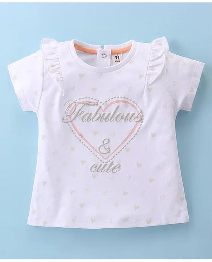 ToffyHouse 100% Cotton Knit Half Sleeves Top & Woven Mesh Skirt Set With Frill Detail & Hearts Print - White & Peach