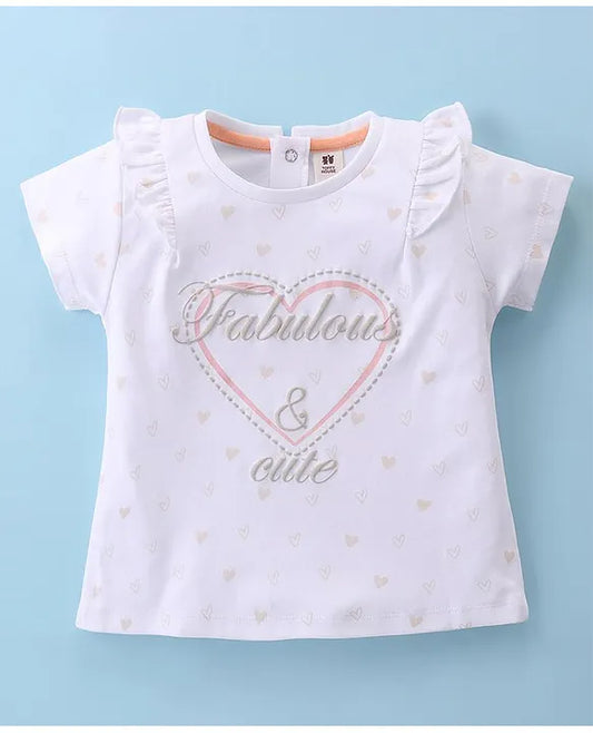 ToffyHouse 100% Cotton Knit Half Sleeves Top & Woven Mesh Skirt Set With Frill Detail & Hearts Print - White & Peach