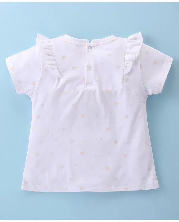 ToffyHouse 100% Cotton Knit Half Sleeves Top & Woven Mesh Skirt Set With Frill Detail & Hearts Print - White & Peach