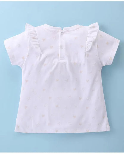 ToffyHouse 100% Cotton Knit Half Sleeves Top & Woven Mesh Skirt Set With Frill Detail & Hearts Print - White & Peach