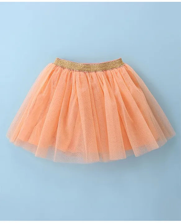 ToffyHouse 100% Cotton Knit Half Sleeves Top & Woven Mesh Skirt Set With Frill Detail & Hearts Print - White & Peach