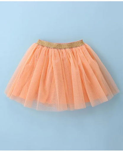 ToffyHouse 100% Cotton Knit Half Sleeves Top & Woven Mesh Skirt Set With Frill Detail & Hearts Print - White & Peach