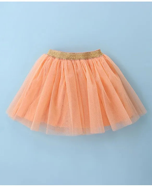 ToffyHouse 100% Cotton Knit Half Sleeves Top & Woven Mesh Skirt Set With Frill Detail & Hearts Print - White & Peach