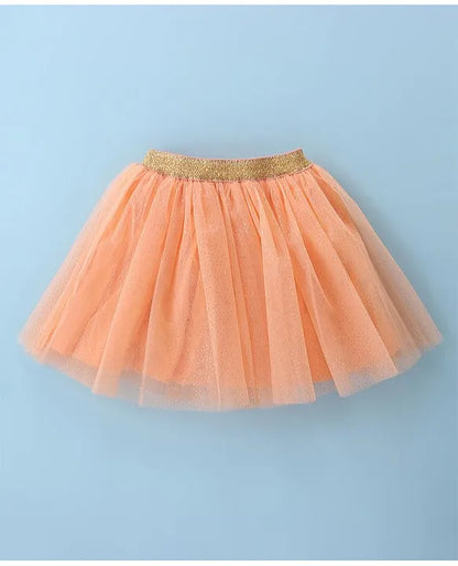ToffyHouse 100% Cotton Knit Half Sleeves Top & Woven Mesh Skirt Set With Frill Detail & Hearts Print - White & Peach