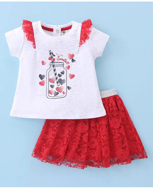 ToffyHouse 100% Cotton Knit Half Sleeves Hearts Printed Top & Woven Skirt Set With Floral Mesh Detailing - White & Red