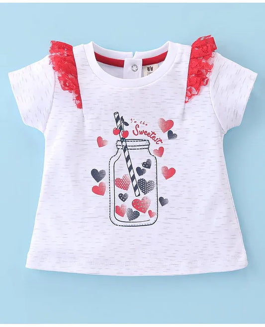 ToffyHouse 100% Cotton Knit Half Sleeves Hearts Printed Top & Woven Skirt Set With Floral Mesh Detailing - White & Red