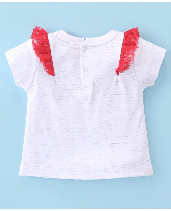 ToffyHouse 100% Cotton Knit Half Sleeves Hearts Printed Top & Woven Skirt Set With Floral Mesh Detailing - White & Red