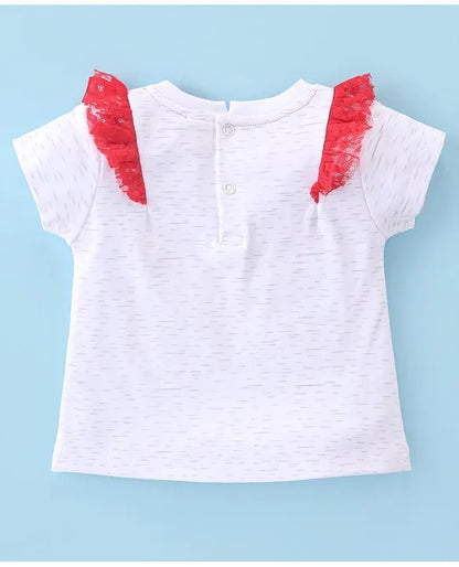 ToffyHouse 100% Cotton Knit Half Sleeves Hearts Printed Top & Woven Skirt Set With Floral Mesh Detailing - White & Red