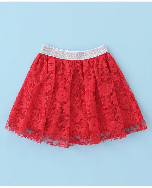 ToffyHouse 100% Cotton Knit Half Sleeves Hearts Printed Top & Woven Skirt Set With Floral Mesh Detailing - White & Red