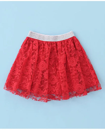 ToffyHouse 100% Cotton Knit Half Sleeves Hearts Printed Top & Woven Skirt Set With Floral Mesh Detailing - White & Red
