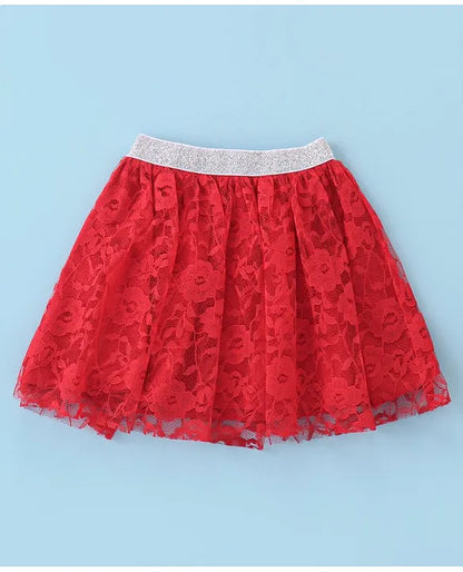 ToffyHouse 100% Cotton Knit Half Sleeves Hearts Printed Top & Woven Skirt Set With Floral Mesh Detailing - White & Red