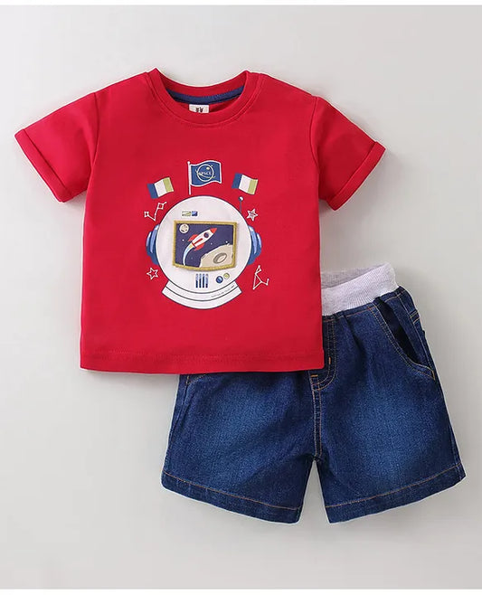 ToffyHouse  Half Sleeves  Set With Space Theme Print - Red & Blue