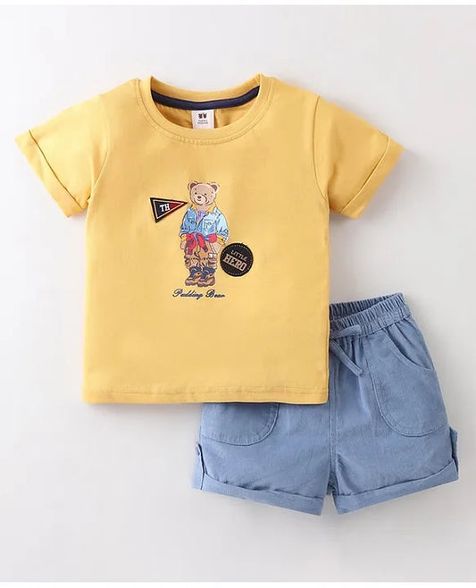 ToffyHouse 100% Cotton Knit Half Sleeves T-Shirt & Woven Corduroy Shorts Set With Teddy Print - Gold
