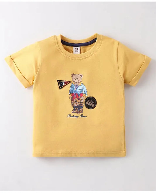 ToffyHouse 100% Cotton Knit Half Sleeves T-Shirt & Woven Corduroy Shorts Set With Teddy Print - Gold