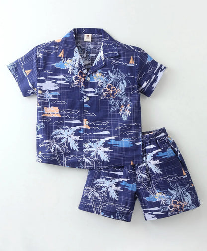 ToffyHouse Half Sleeves  Co-Ord Set With Beach Theme Print - Navy