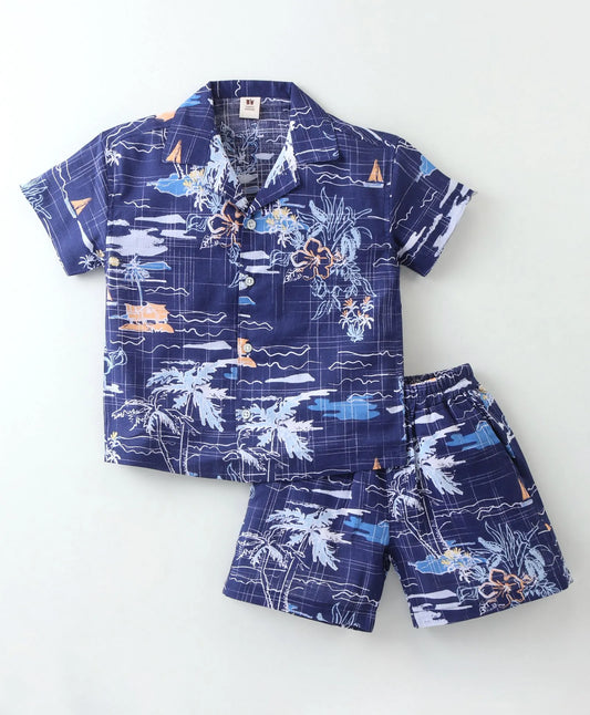 ToffyHouse Half Sleeves  Co-Ord Set With Beach Theme Print - Navy