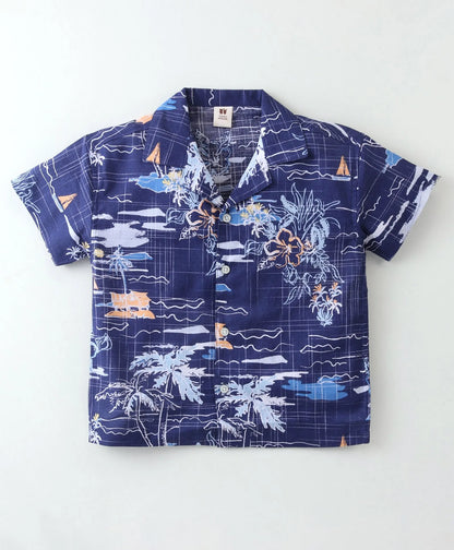 ToffyHouse Half Sleeves  Co-Ord Set With Beach Theme Print - Navy