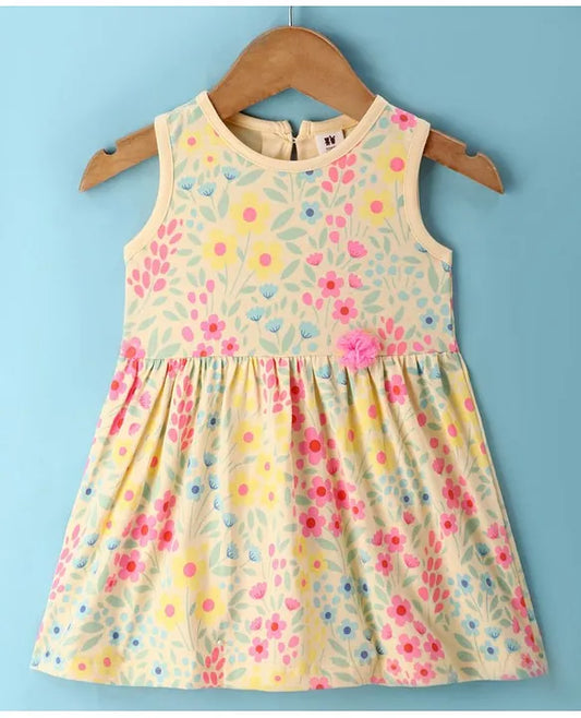 ToffyHouse 100% Cotton Knit Sleeveless Floral Printed Frock - Light Orange