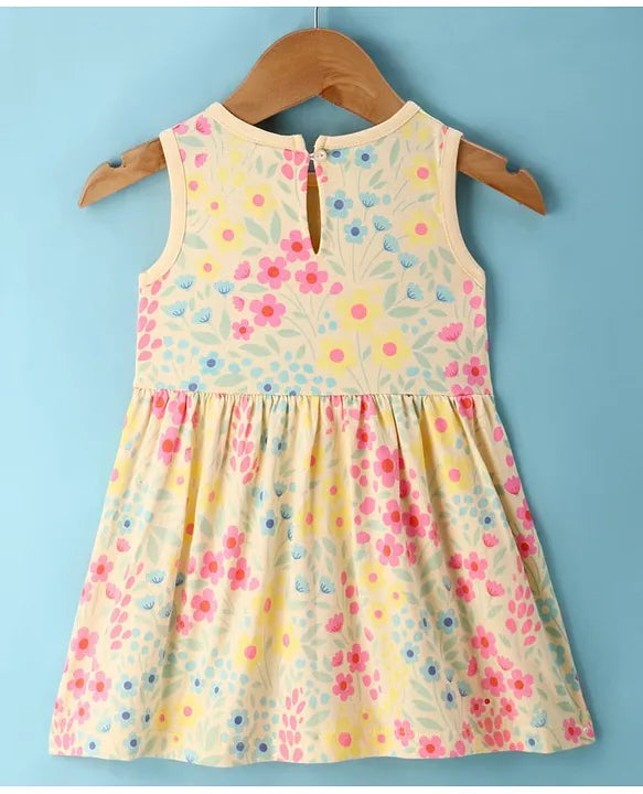 ToffyHouse 100% Cotton Knit Sleeveless Floral Printed Frock - Light Orange