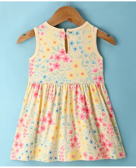 ToffyHouse 100% Cotton Knit Sleeveless Floral Printed Frock - Light Orange