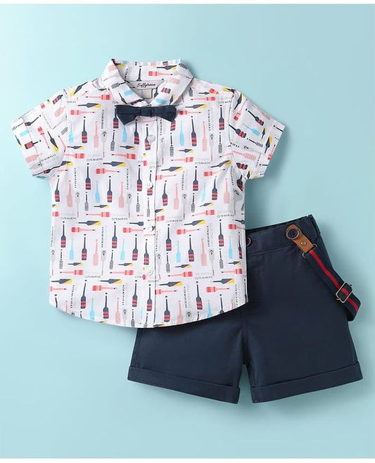 ToffyHouse Half Sleeves Printed Shirt & Shorts With Bow & Suspender - White & Navy Blue