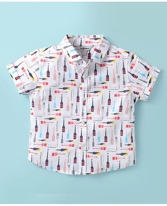 ToffyHouse Half Sleeves Printed Shirt & Shorts With Bow & Suspender - White & Navy Blue
