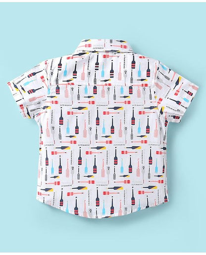 ToffyHouse Half Sleeves Printed Shirt & Shorts With Bow & Suspender - White & Navy Blue