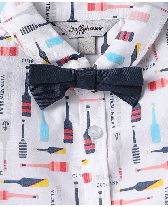 ToffyHouse Half Sleeves Printed Shirt & Shorts With Bow & Suspender - White & Navy Blue