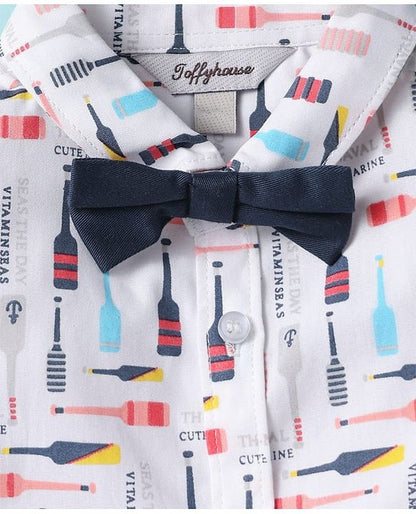 ToffyHouse Half Sleeves Printed Shirt & Shorts With Bow & Suspender - White & Navy Blue