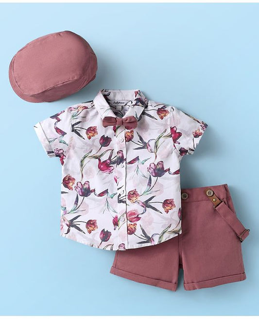 ToffyHouse  Half Sleeves Shirt & Shorts With Bow Suspender & Hat - Rose Gold
