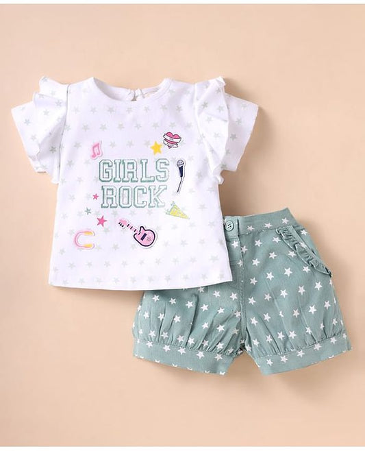 ToffyHouse Half Sleeves Top & Shorts Set With Star Print & Patch Detailing - White