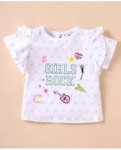 ToffyHouse Half Sleeves Top & Shorts Set With Star Print & Patch Detailing - White