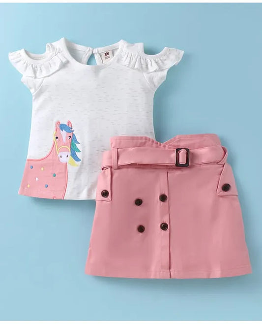 ToffyHouse Cotton Knit Cold Shoulder Sleeves Tops & Skirt with Fabric Belt & Animal Embroidery - White & Pink