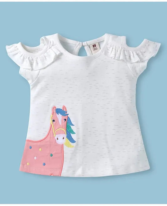 ToffyHouse Cotton Knit Cold Shoulder Sleeves Tops & Skirt with Fabric Belt & Animal Embroidery - White & Pink