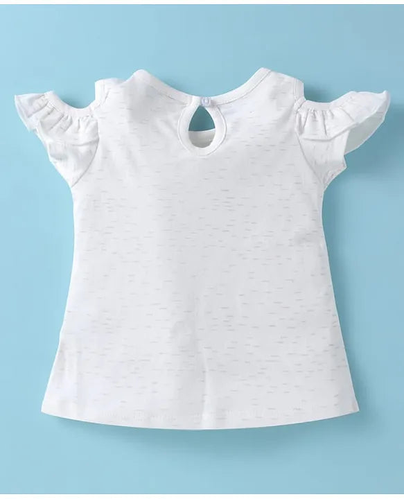 ToffyHouse Cotton Knit Cold Shoulder Sleeves Tops & Skirt with Fabric Belt & Animal Embroidery - White & Pink