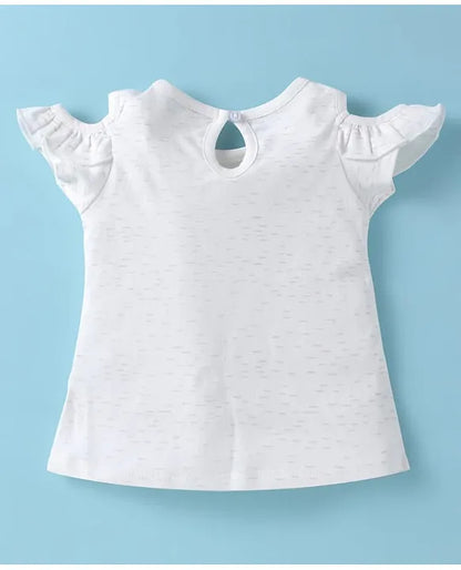 ToffyHouse Cotton Knit Cold Shoulder Sleeves Tops & Skirt with Fabric Belt & Animal Embroidery - White & Pink