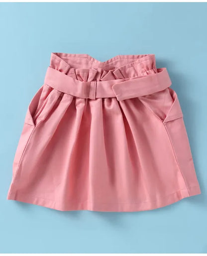 ToffyHouse Cotton Knit Cold Shoulder Sleeves Tops & Skirt with Fabric Belt & Animal Embroidery - White & Pink