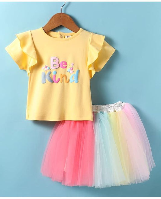 ToffyHouse  Top & Skirt Set with Text Print & Frill Detailing - Yellow